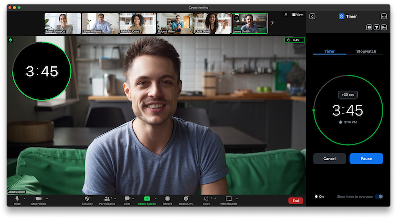 Zoom Timer 畫面，圖片來源：https://support.zoom.us/hc/en-us/articles/4418692187021-Using-the-Zoom-Timer-App